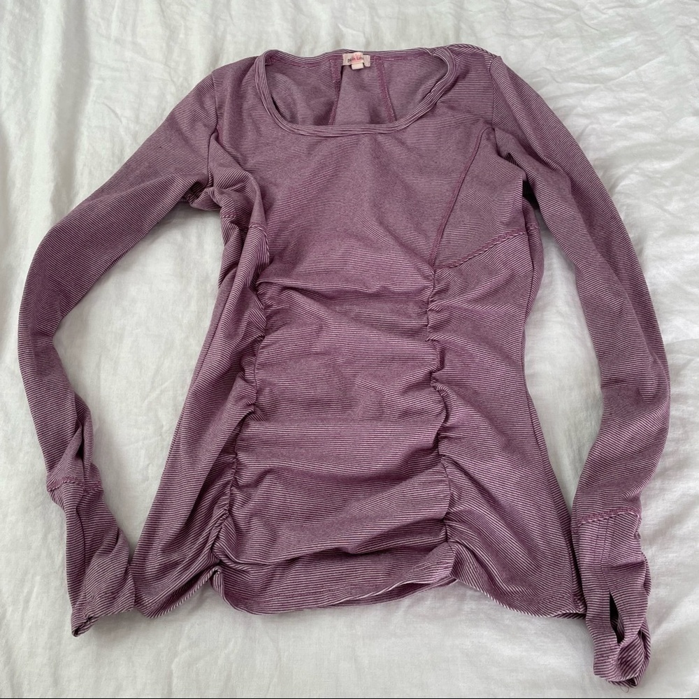 Pink Lotus Small Ruched Yoga Top Striped Dusty Pink Long Sleeve Top stretchy